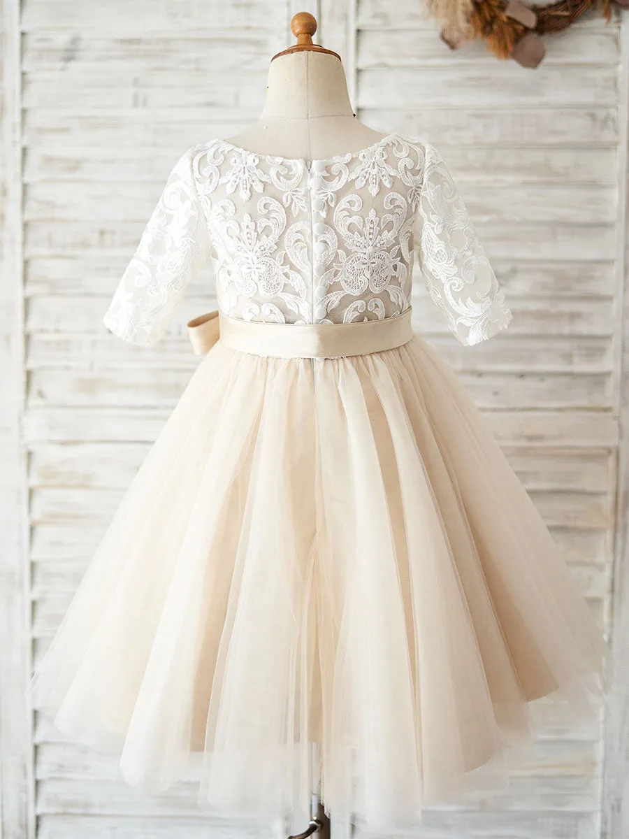 Jewel Neck Half Sleeves Sash Kids Social Party Dresses