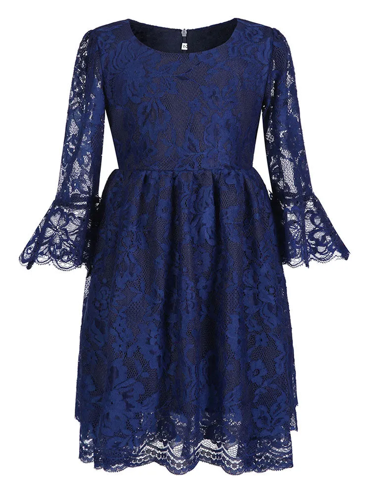 Jewel Neck Lace Long Sleeves Short A-Line Lace Kids Social Party Dresses