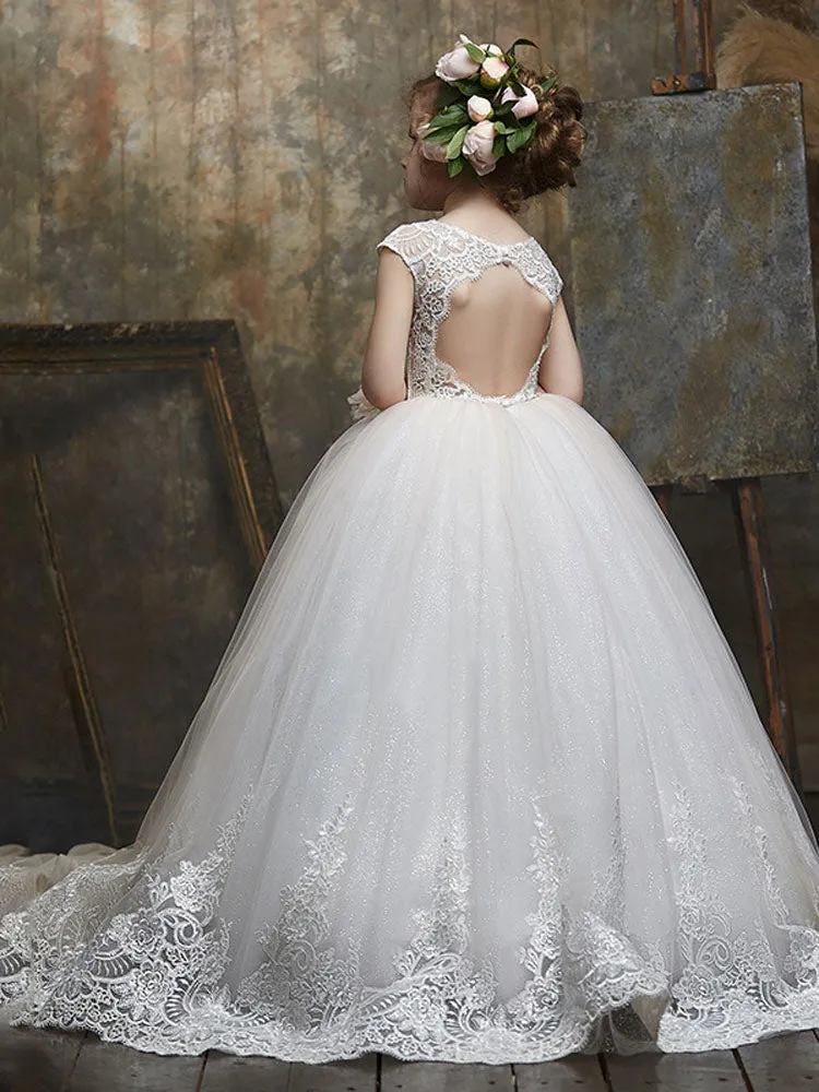 Jewel Neck Lace Short Sleeves Floor-Length Princess Embroidered Formal Kids Pageant flower girl dresses