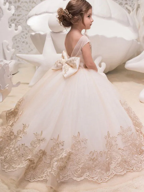 Jewel Neck Sleeveless Bows Kids Social flower girl dress