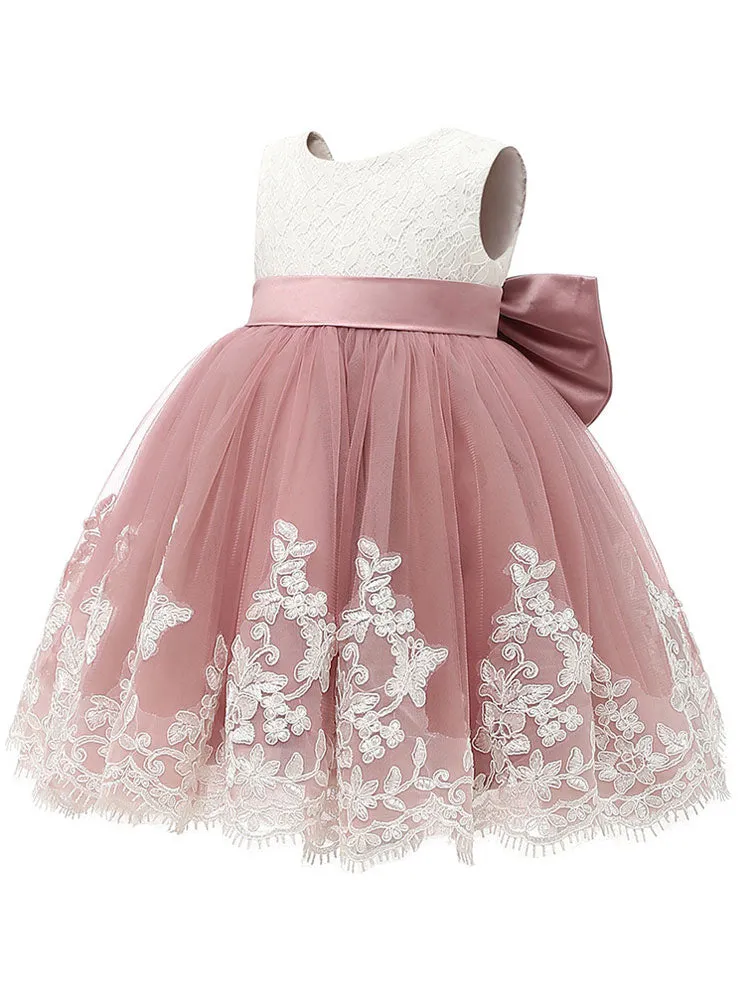 Jewel Neck Sleeveless Bows Kids Social Party Dresses