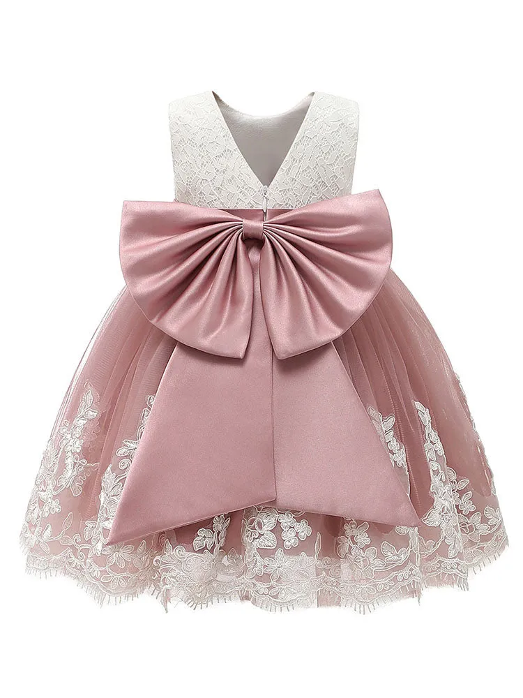 Jewel Neck Sleeveless Bows Kids Social Party Dresses