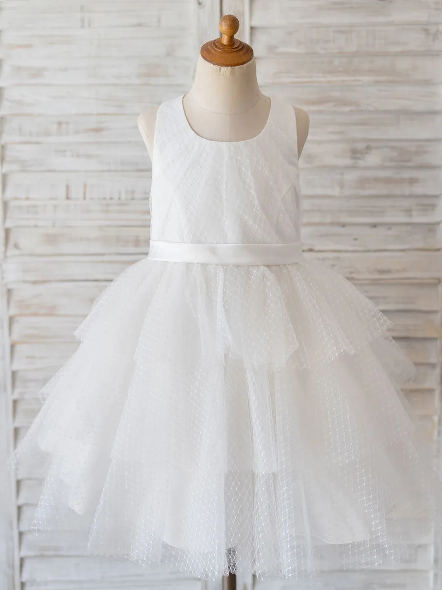 Jewel Neck Sleeveless Tulle Bows Kids Social Party Dresses