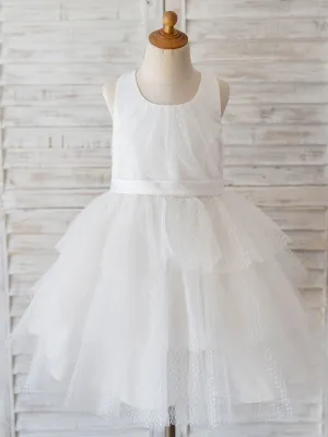 Jewel Neck Sleeveless Tulle Bows Kids Social Party Dresses