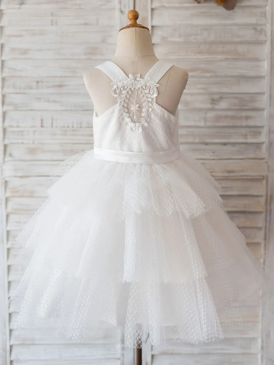 Jewel Neck Sleeveless Tulle Bows Kids Social Party Dresses