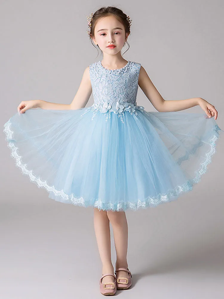 Jewel Neck Tulle Knee-length Princess Flowers Formal Kids Pageant flower girl dresses