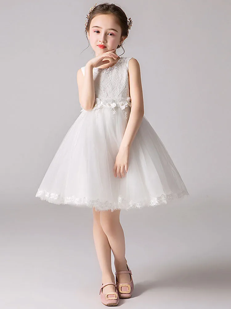 Jewel Neck Tulle Knee-length Princess Flowers Formal Kids Pageant flower girl dresses