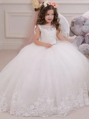 Jewel Neck Tulle Sleeveless Ankle Length Ball Gown Sash Kids Party Dresses