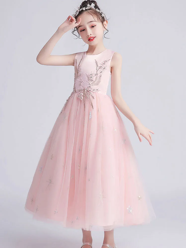 Jewel Neck Tulle Sleeveless Ankle-Length Princess Kids Party Dresses
