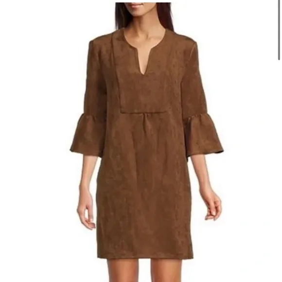 Jude Connally Kerry Faux Suede Dress 3/4 Flounce Sleeve Shift Brown XS NWT