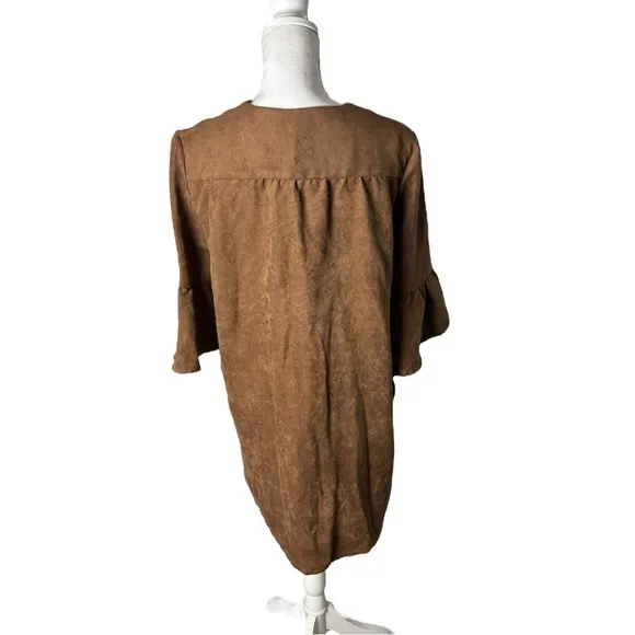 Jude Connally Kerry Faux Suede Dress 3/4 Flounce Sleeve Shift Brown XS NWT
