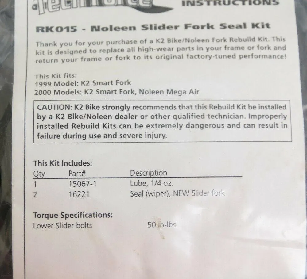 K2 NOLEEN Pro-Flex RK015 Slider Fork Seal Rebuild Kit