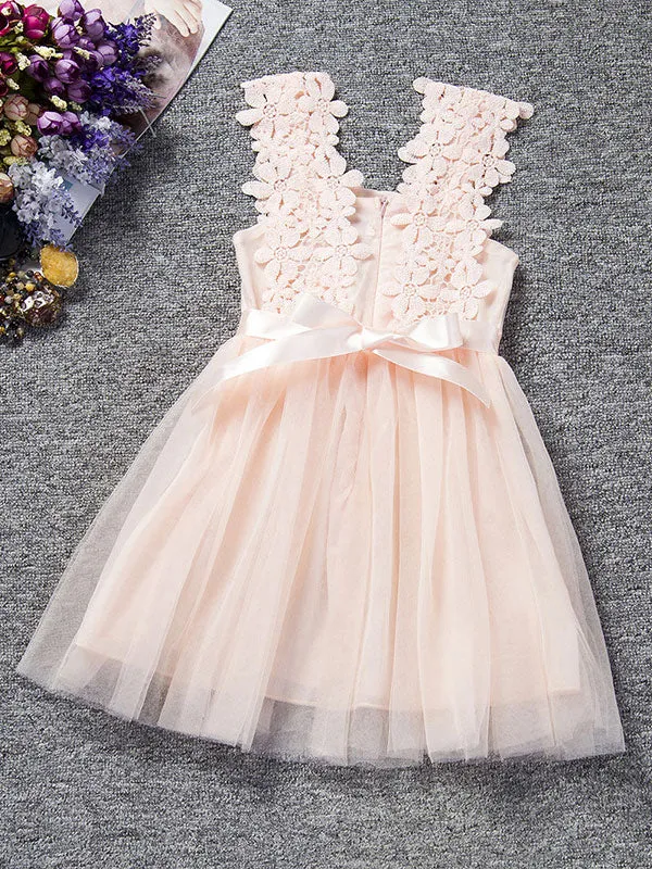 Kids Tutu Lace Applique Peach Beading Short Dinner Party Dresses