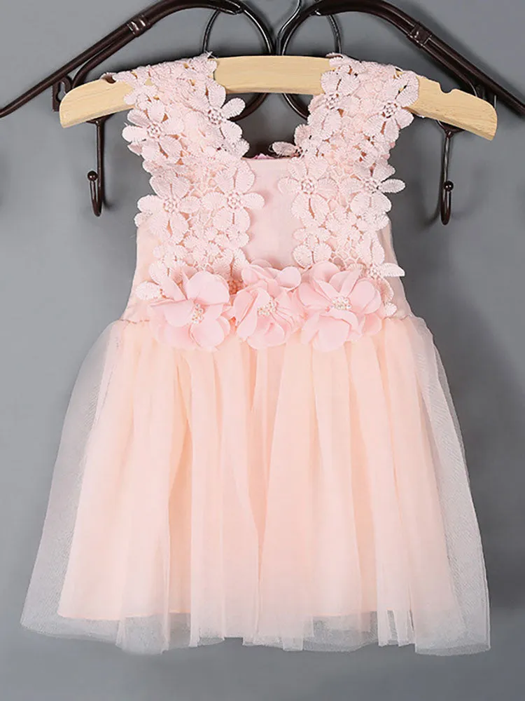Kids Tutu Lace Applique Peach Beading Short Dinner Party Dresses