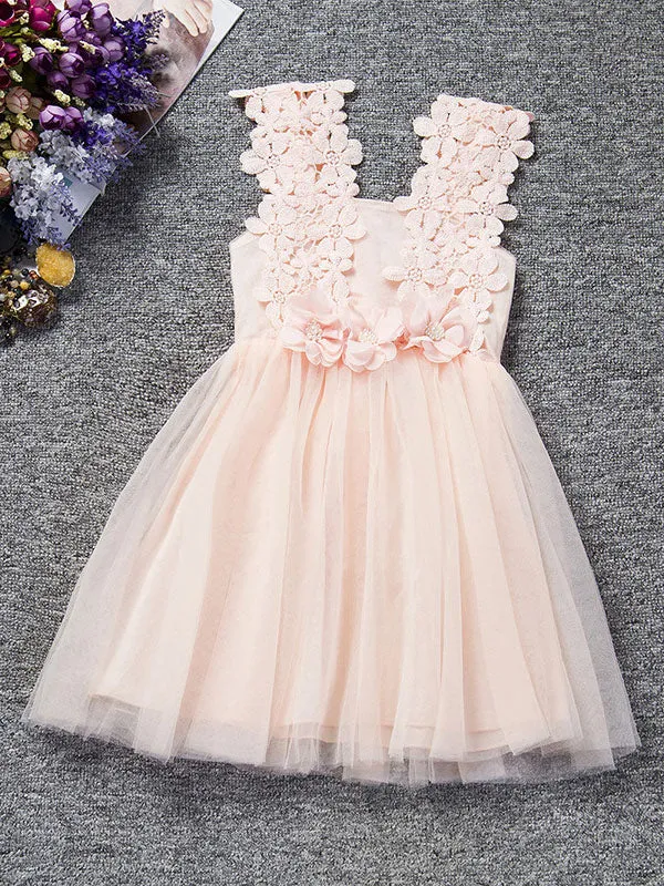 Kids Tutu Lace Applique Peach Beading Short Dinner Party Dresses
