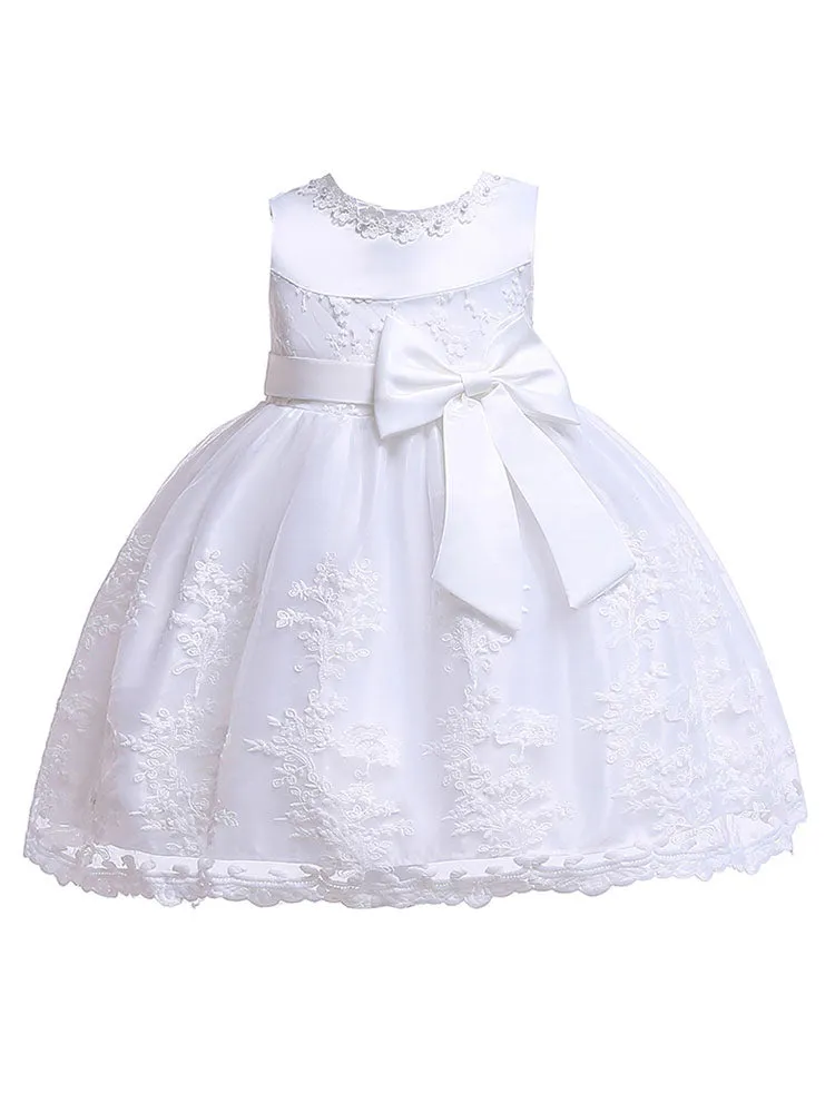 Lace Bow A-line Kids Short Formal Party Dress