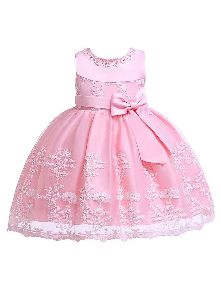 Lace Bow A-line Kids Short Formal Party Dress