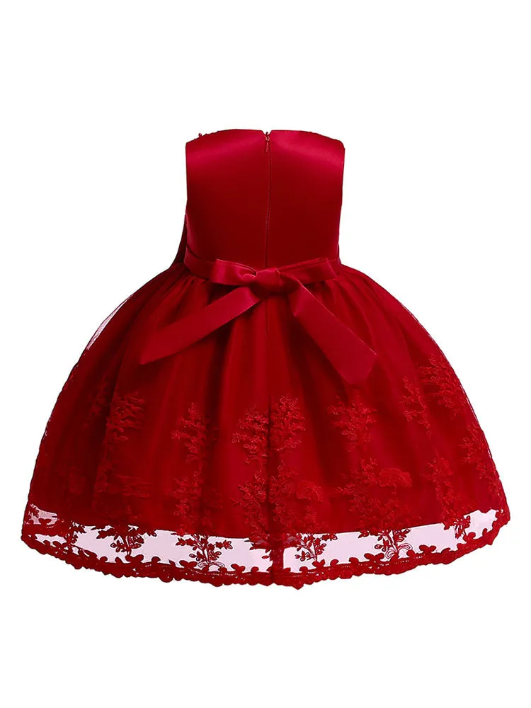 Lace Bow A-line Kids Short Formal Party Dress