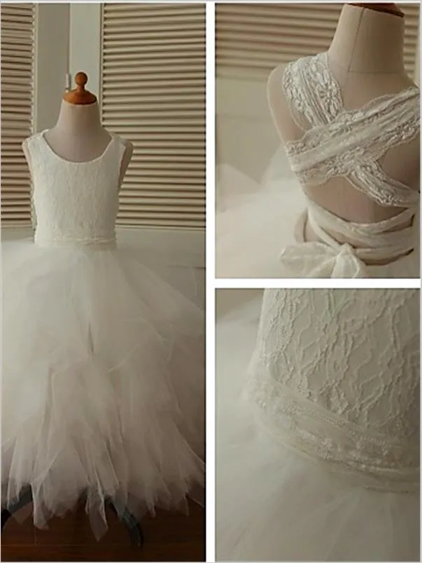 Lace Organza Sleeveless Flower Girl Dresses Floor Length Ball Gown With Bowknot