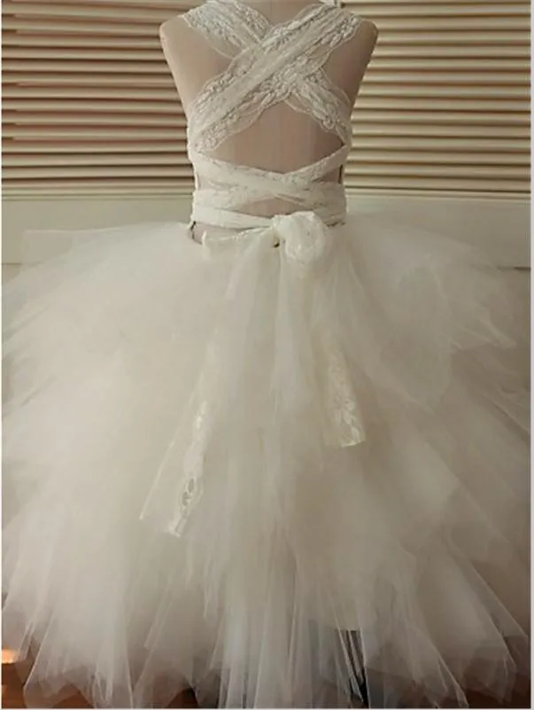 Lace Organza Sleeveless Flower Girl Dresses Floor Length Ball Gown With Bowknot