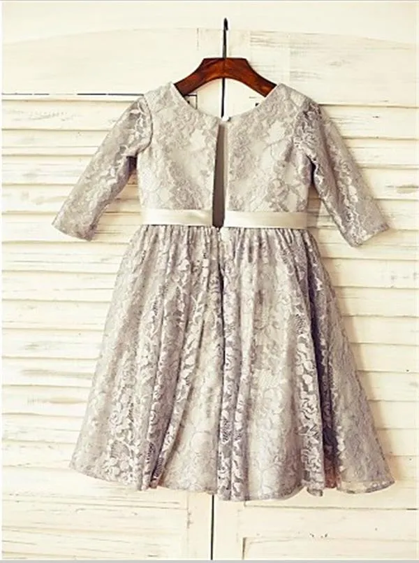 Lace Princess Scoop 3/4 Sleeves Flower Girl Dresses Floor Length Dress