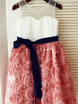 Lace Princess Scoop Tea-Length Flower Girl Dresses With Hand-made Flower