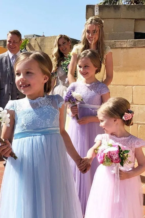 Lace Sleeves Toddler Flower Girls Dresses with Tulle Skirt