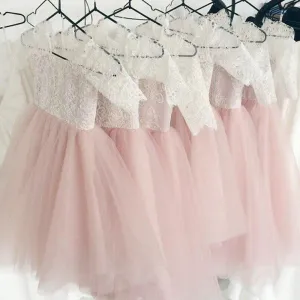 Lace Top Half Sleeves Pink Tulle Flower Girl Dresses, V-back Popular Little Girl Dresses,  FG027
