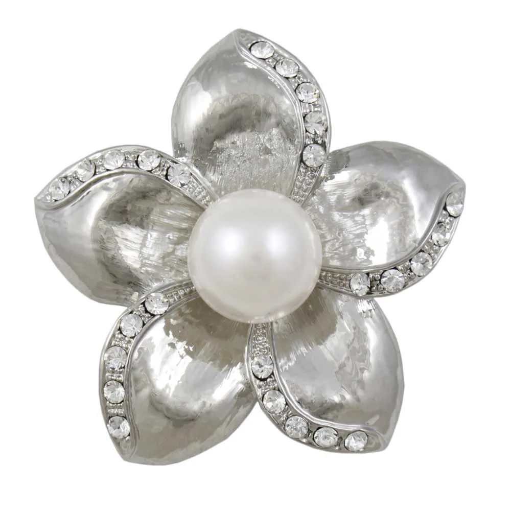Large White Pearl Brooch Pin with Crystal Flower- PRP619