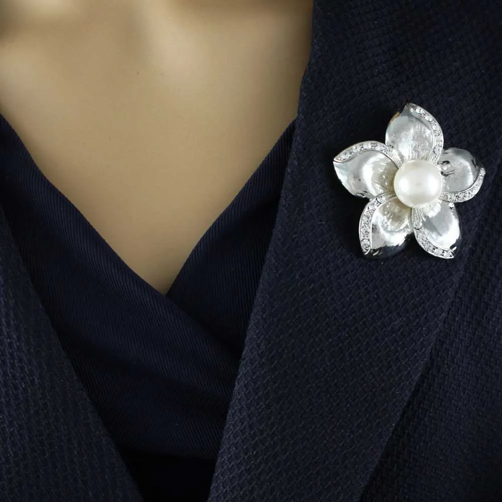 Large White Pearl Brooch Pin with Crystal Flower- PRP619