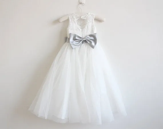 Light Ivory Lace Tulle Sleeveless Long Flower Girl Dresses With Silver Sash/Bowss OK214