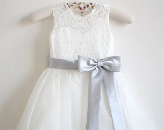 Light Ivory Lace Tulle Sleeveless Long Flower Girl Dresses With Silver Sash/Bowss OK214