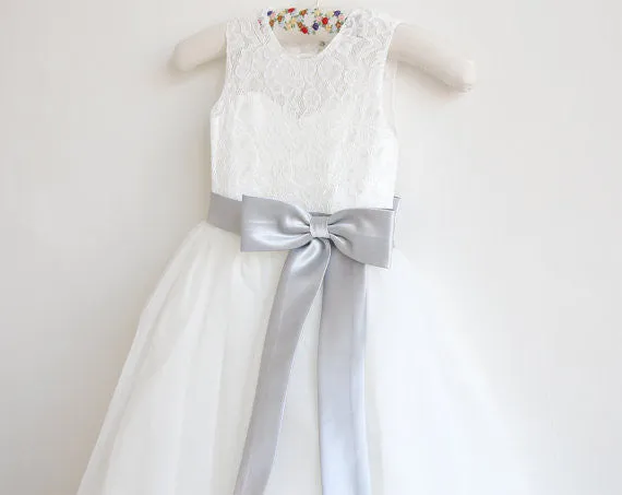 Light Ivory Lace Tulle Sleeveless Long Flower Girl Dresses With Silver Sash/Bowss OK214