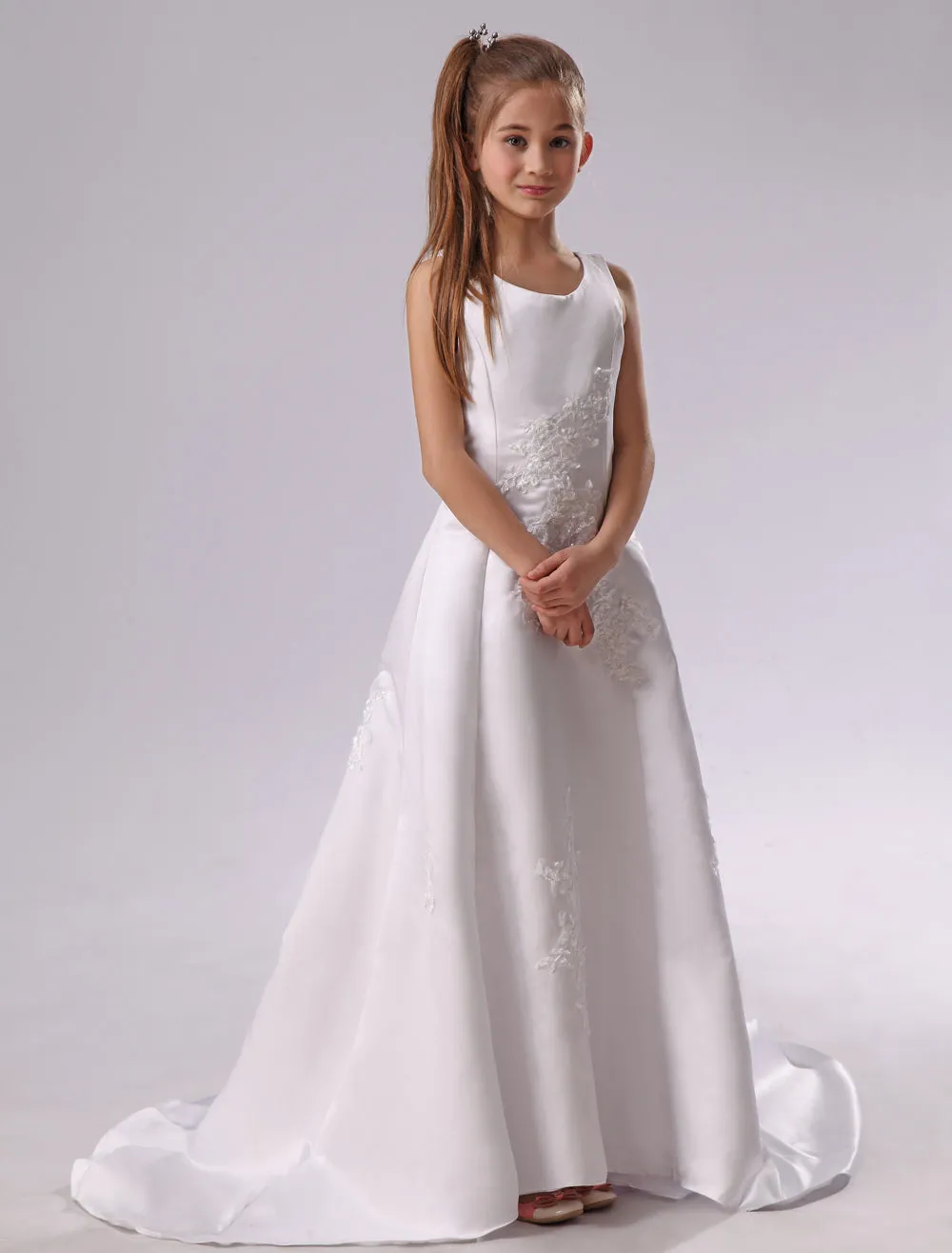 Long Backless Applique Satin White flower girl dress