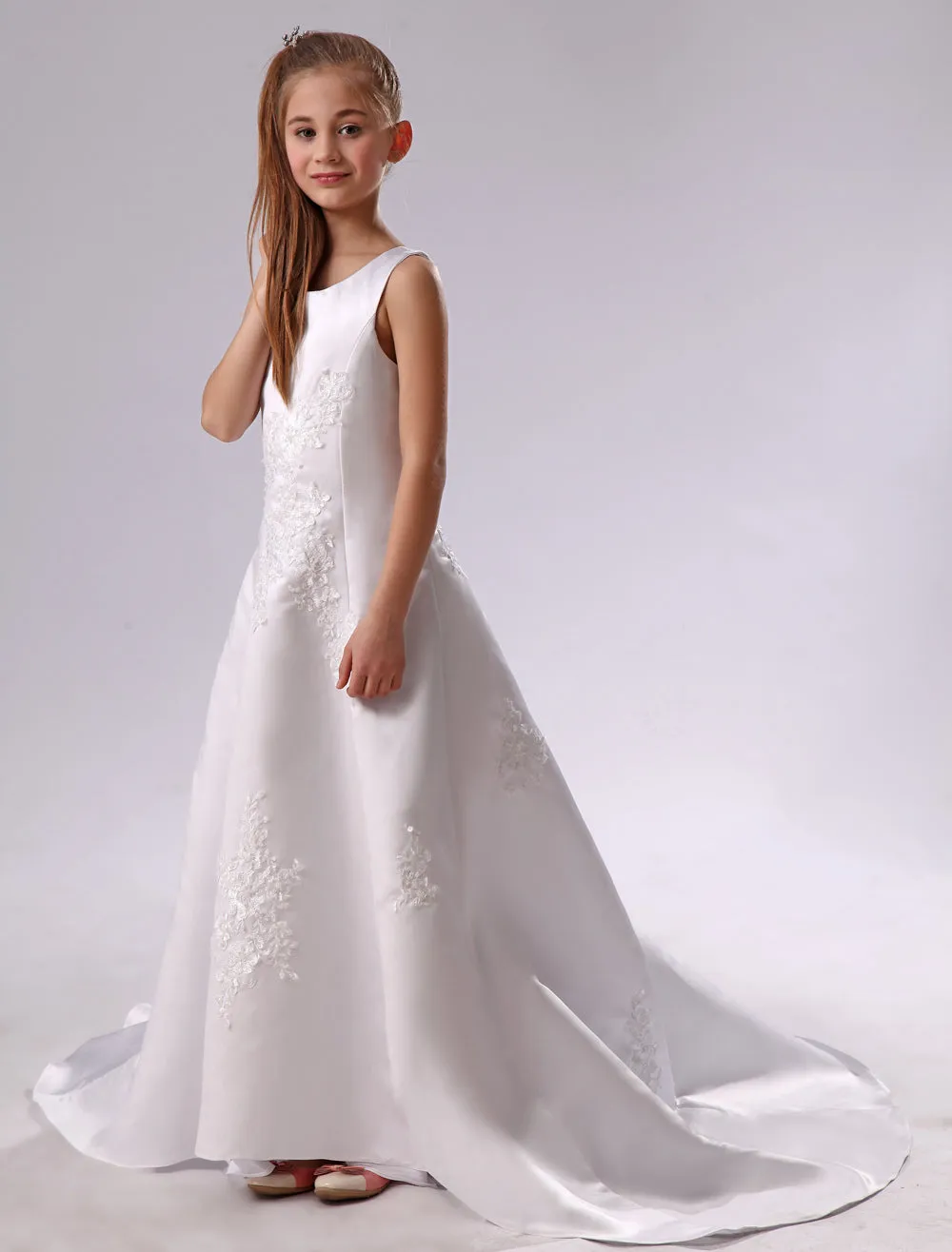 Long Backless Applique Satin White flower girl dress