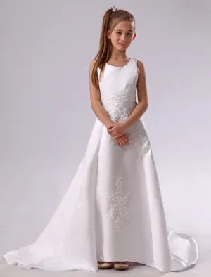 Long Backless Applique Satin White flower girl dress