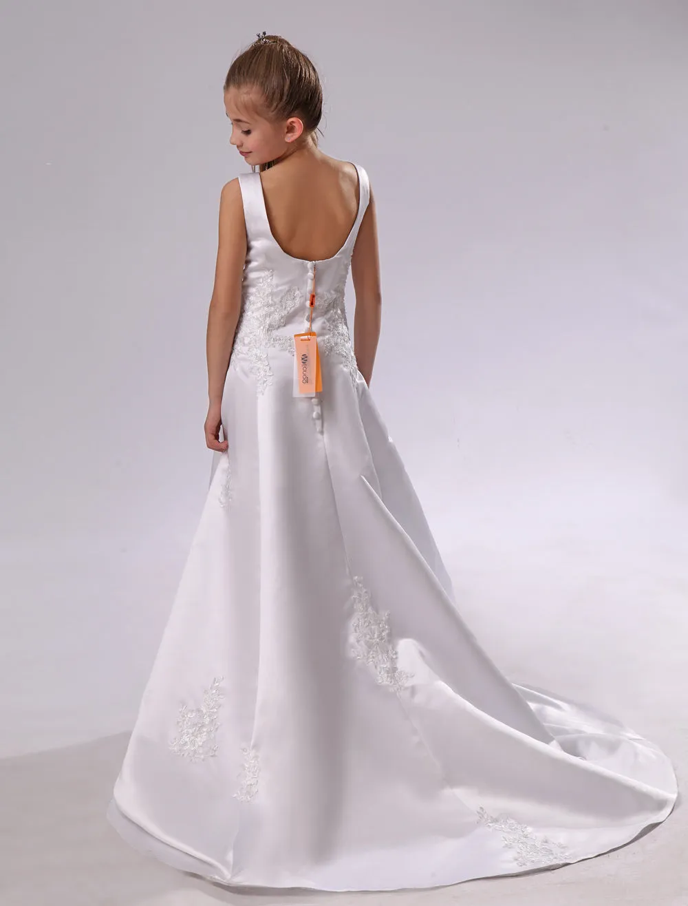 Long Backless Applique Satin White flower girl dress
