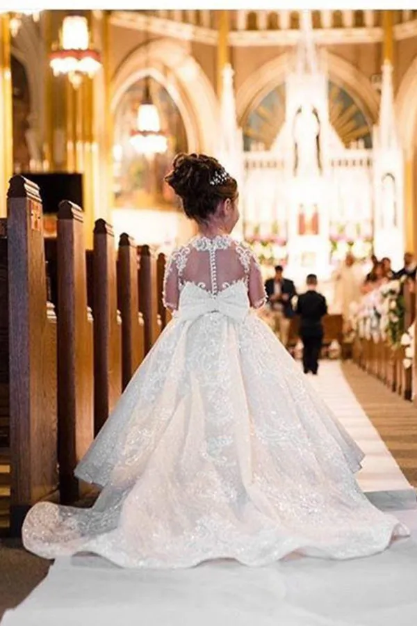 Long Sleeves Ball Gown Tulle Flower Girls Dresses With Bow