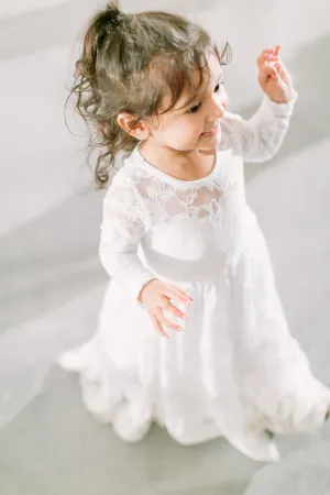 Long Sleeves Floor Length Lace Flower Girls Dress for Winter Wedding
