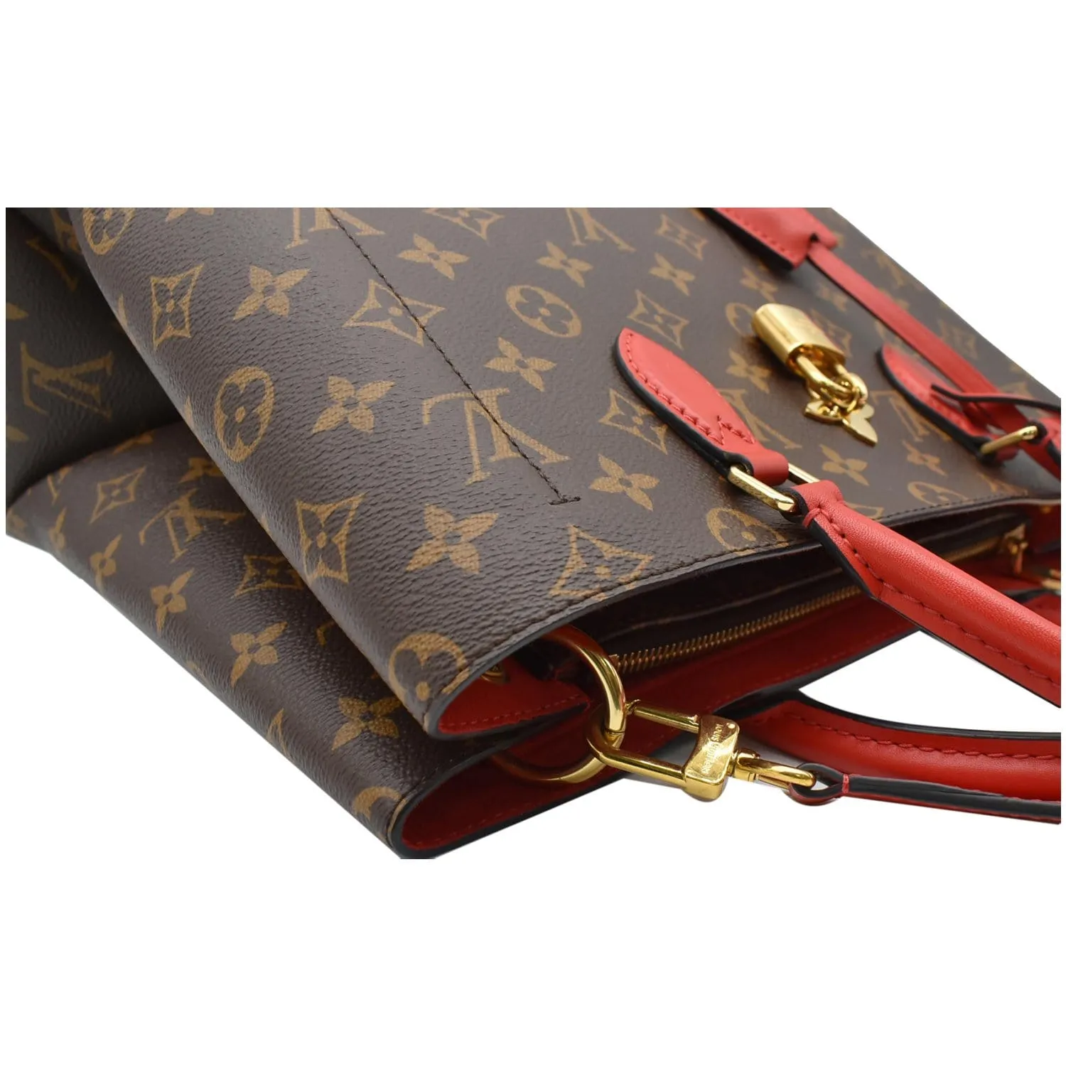 LOUIS VUITTON Flower Monogram Canvas Tote Shoulder Bag Red