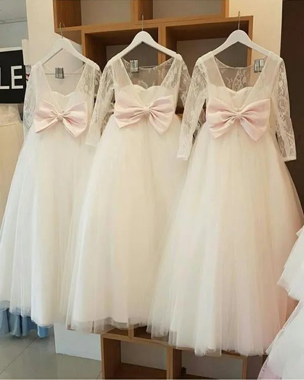 Lovely Puffy Tulle Backless Flower Girl Dresses with Long Lace Sleeves 2018