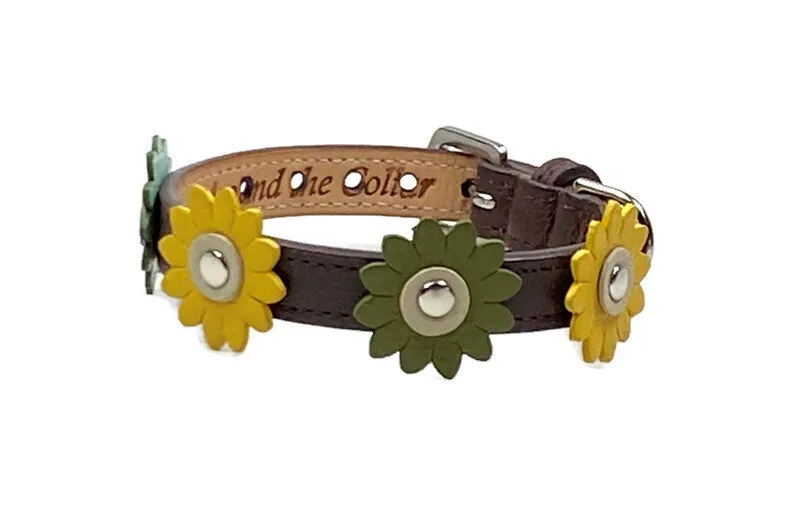Maci Leather Flower Dog Collar with Nickel Stud Center