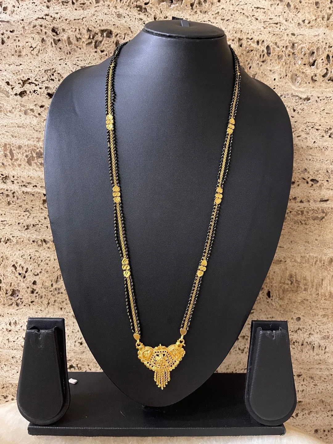 Maharashtrian Long Mangalsutra Designs Simple Gold Pendant Layered Black Beads Chain