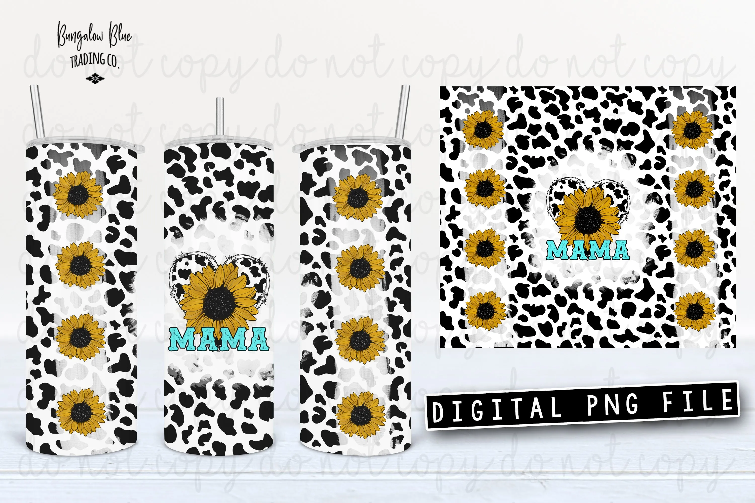 Mama Sunflower Cow Heart 20 oz Skinny Tumbler Wrap Honey Bee Digital Download