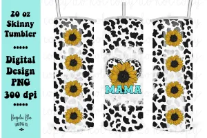 Mama Sunflower Cow Heart 20 oz Skinny Tumbler Wrap Honey Bee Digital Download