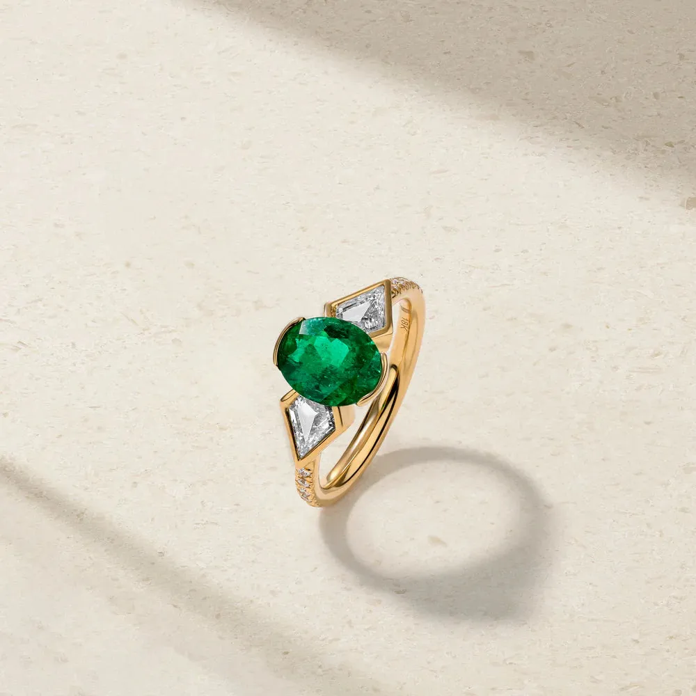 Mark Henry 18k Yellow Gold Oval Colombian Emerald and Diamond Ring