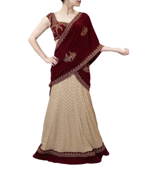 MAROON AND CREAM LEHENGA SAREE