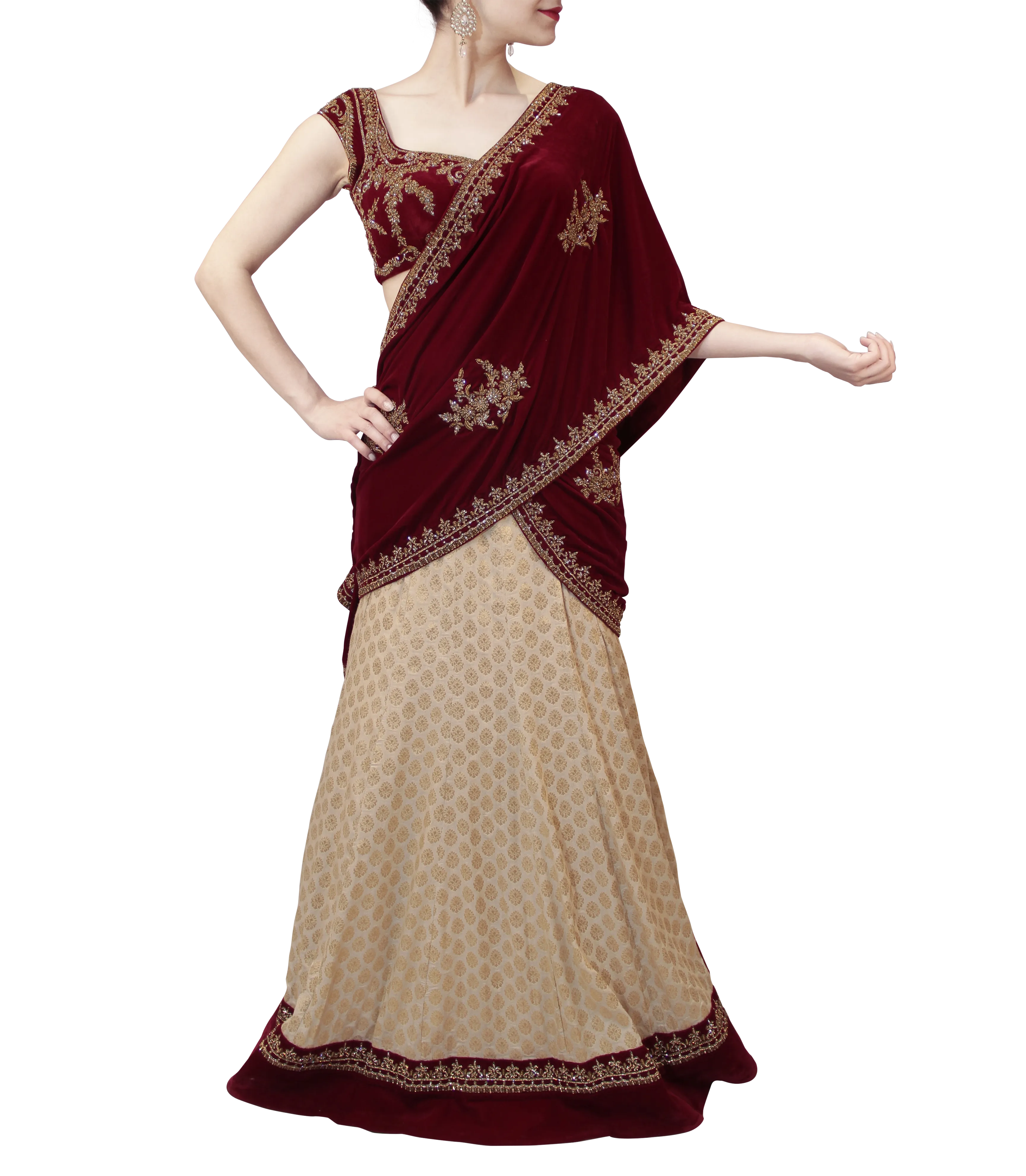 MAROON AND CREAM LEHENGA SAREE