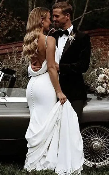 Mermaid V-neck Satin Wedding Dress Simple Western Elegant Romantic Adorable Beach Summer Garden With Open Back And Sleevesless-716763