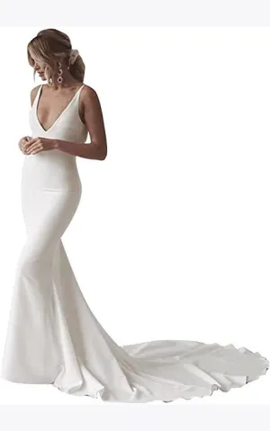 Mermaid V-neck Satin Wedding Dress Simple Western Elegant Romantic Adorable Beach Summer Garden With Open Back And Sleevesless-716763
